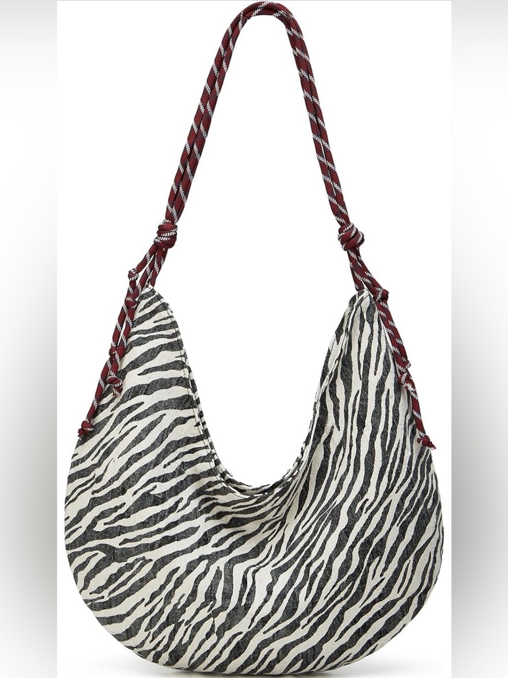 Zebra Print Hobo Bag with Burgundy Rope Strap